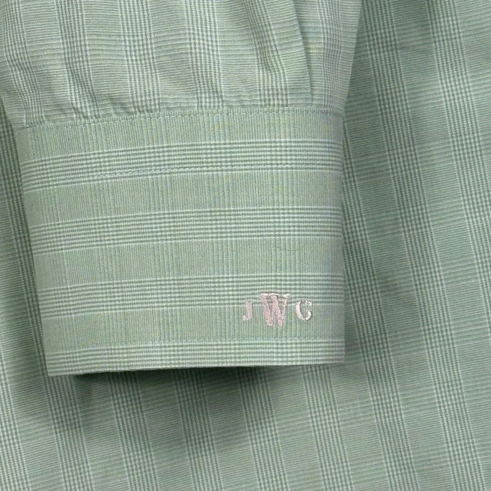 Lands' End Button Down Shirt Mens 17x37 Green Preppy Wrinkle Free Broadcloth